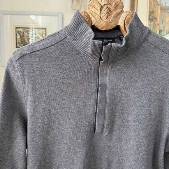 Boss Hugo Boss 1/4 Zip Cotton Sweater Grey Navy M - Picture 2 of 10